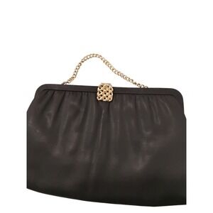 HL USA Vintage Black Satin Evening Clutch Gold Filigree Clasp‎ Chain Handle Bag